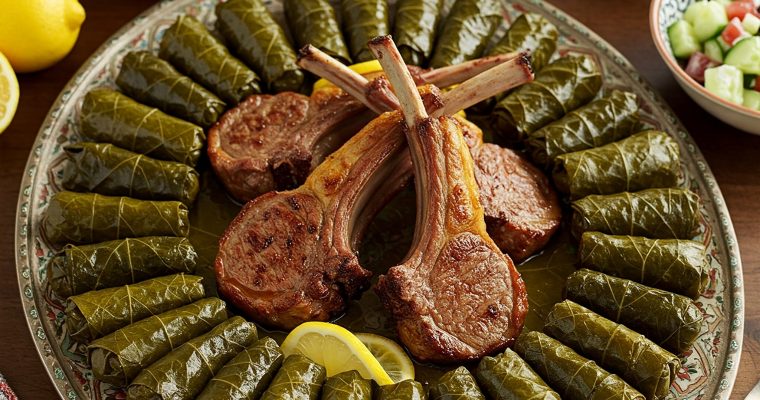 Waraq Aleanab (ورق العنب) Stuffed Grape Leaves with Lamb Chops